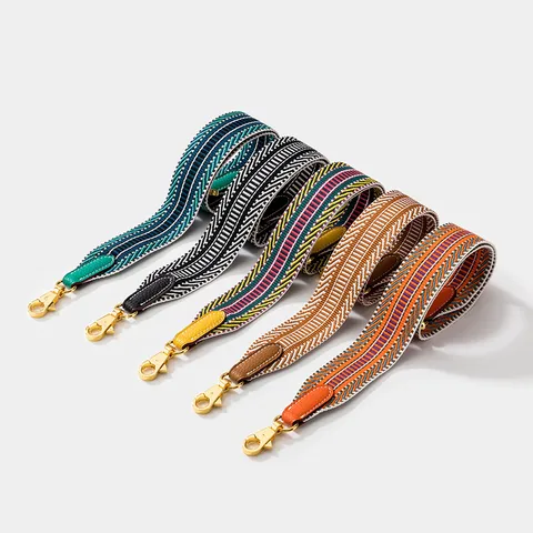 Retro Woven Wide Bag Strap Replacement Cotton Geometric Striped Shoulder Belt With Cowhide Leather Ends Metal Buckles For Handbags