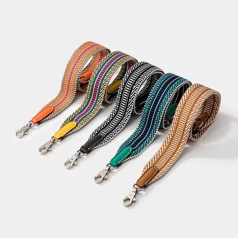 Retro Woven Wide Bag Strap Replacement Cotton Geometric Striped Shoulder Belt With Cowhide Leather Ends Metal Buckles For Handbags