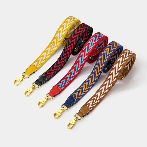 Women Woven Cotton Bag Strap Chevron Geometric Diagonal Pattern Shoulder Strap With Leather End Alloy Hooks For Handbag Crossbody Bag Replacement