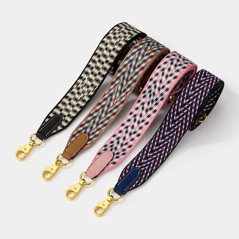 Replacement Bag Strap Wide Shoulder Strap Polyester Woven Crossbody Belt Cowhide Leather Ends Metal Buckle Western Retro Geometric Pattern Adjustable Strap