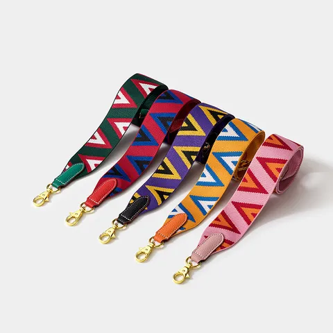 Bandoulière de Sac Tissée en Polyester Géométrique Vintage Avec Extrémités en Cuir Large Sangle Réglable Remplacement Pour Sacs Sacoches