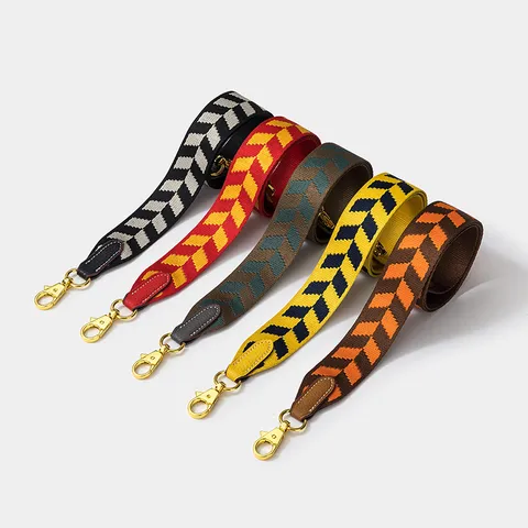 Polyester Webbing Wide Shoulder Strap Geometric Jacquard Crossbody Replacement Bag Strap Leather Trim Vintage Style For Women