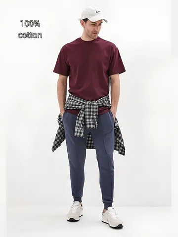 Men's Oversized Cotton T-Shirt Drop Shoulder Loose Fit Solid Color Short Sleeve Top Casual Round Neck Daily Tee