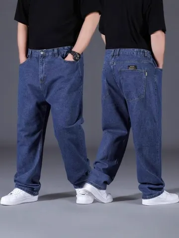 Men's Oversized Cotton Denim Jeans Stretchy Loose Fit Straight Leg Washed Casual Fashion Bottoms Daily Wear Long Pants
