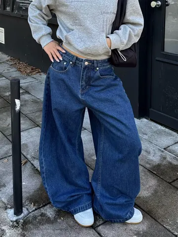 Men Loose Straight Wide Leg Jeans Washed Non-Stretch Dark Blue Hip Hop Streetwear Baggy Denim Pants Long Trousers For Men