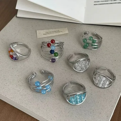 Niche Chique Koperlegering Strass Geometrisch Drahtgewickelt Open Ring Meerkleurig Transparant Blauw Wit Groen Open Verstelbare Wijsvingerring Voor Dames Dagelijks Trendy Sieraden Cadeau