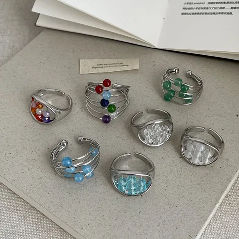 Niche Chique Koperlegering Strass Geometrisch Drahtgewickelt Open Ring Meerkleurig Transparant Blauw Wit Groen Open Verstelbare Wijsvingerring Voor Dames Dagelijks Trendy Sieraden Cadeau