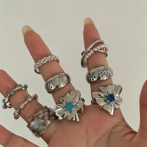 Minimalistisch Koper Strass Bloem Open Ring Voor Dames Verzilverd Zoet Hol Kant Geweven Kunstparel Vingerring Verstelbaar Mode Sieraden Cadeau