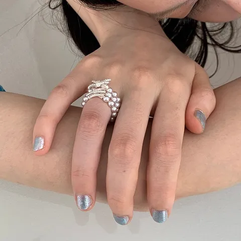 Fashion Three-Layer Artificial Pearl Wide Elastic Ring For Women Rhinestone Bow Design Chic Handcrafted Stretch Finger Jewelry