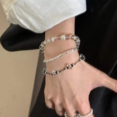 New Chinese Style White Crystal Three-Piece Bracelet Set For Women Handmade Ins Style Transparent Bead Alloy Bracelet Jewelry Gift
