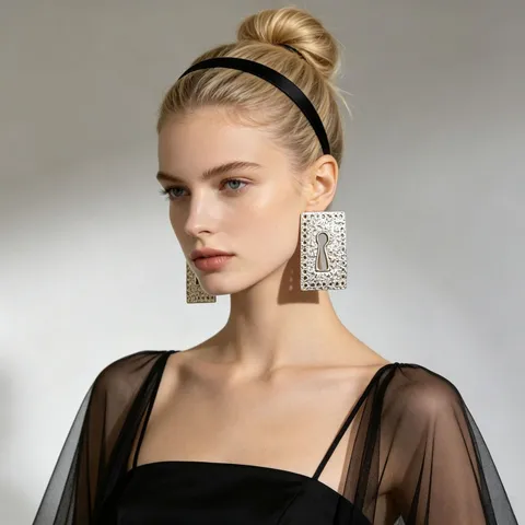 Vintage Square Hollow Keyhole Earrings Brooch For Women Alloy Statement Geometric Earrings Textured Jewelry With 925 Silver Post