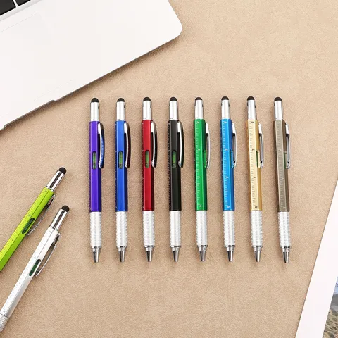 Multifunktionaler 6 in 1 Werkzeug Kugelschreiber Kunststoff und Metall Kugelschreiber mit Wasserwaage Lineal Touchscreen Stift Schraubendreher Büro
