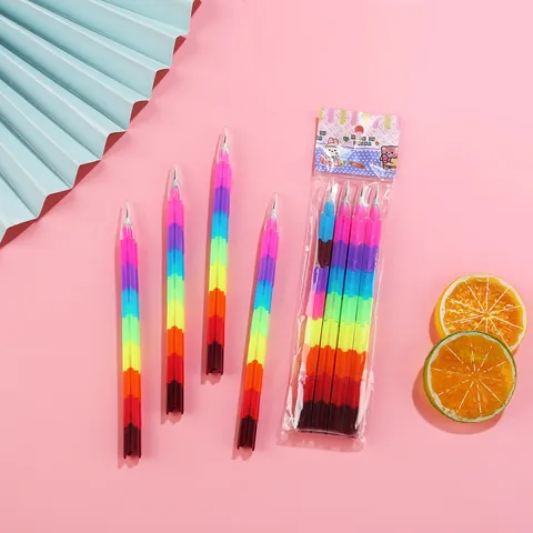 Creative Rainbow Building Block Pencil Multicolor Stackable Plastic Pencils Student Stationery Writing Supplies