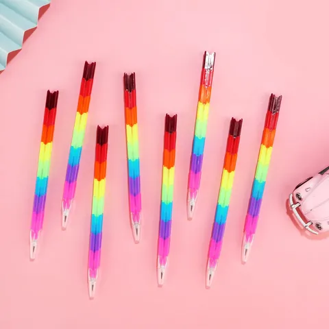 Creative Rainbow Building Block Pencil Multicolor Stackable Plastic Pencils Student Stationery Writing Supplies