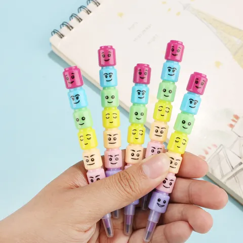 Creative Stackable Seven Section Crayon Cute Cartoon Smiley Face Multi Color Children Drawing Pen Student Stationery Gift