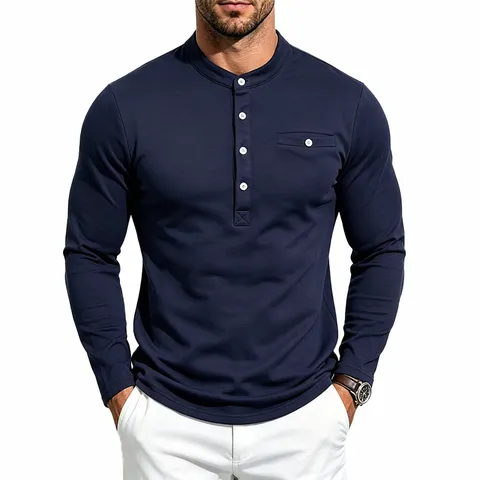 Heren Heavyweight Lange Mouw Opstaande Kraag Henley Shirt Retro High Street Losse Casual T-Shirt Met Borstzak Effen Kleur Top