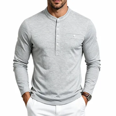 Heren Heavyweight Lange Mouw Opstaande Kraag Henley Shirt Retro High Street Losse Casual T-Shirt Met Borstzak Effen Kleur Top