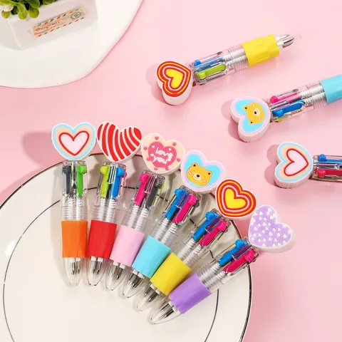 Cute Korean Style Multi-Color Ballpoint Pen Student Creative Mini Retractable Pen Heart Bear Decor Writing Stationery