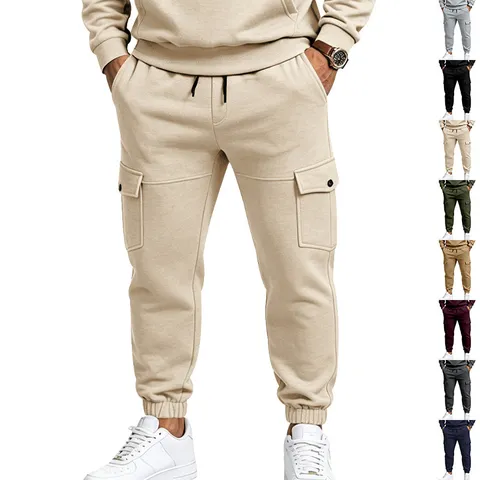 Pantalon Cargo en Polaire Épaisse pour Hommes Décontracté Multi-poches Jogging Chaud d'Hiver Pantalon de Sport Couleur Unie avec Cordon