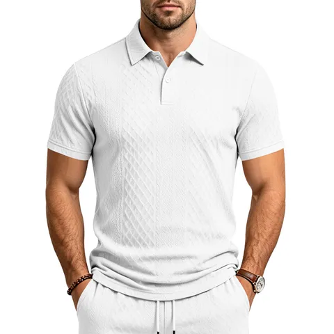 Men's Casual Loose Fit Short Sleeve Polo Shirt Solid Color Jacquard Textured Business Commute Sports Summer Top