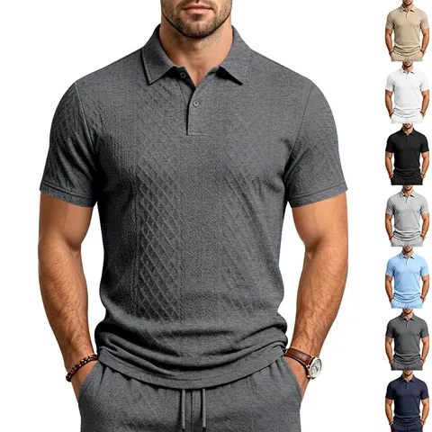 Men's Casual Loose Fit Short Sleeve Polo Shirt Solid Color Jacquard Textured Business Commute Sports Summer Top