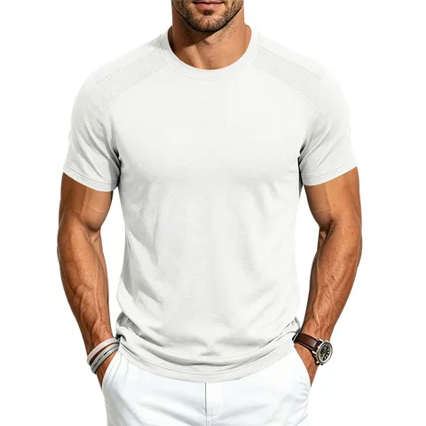 Men's Quick-Dry Breathable Short Sleeve T-Shirt Sports Fitness Outdoor Mesh Splicing Polyester Casual Round Neck Top
