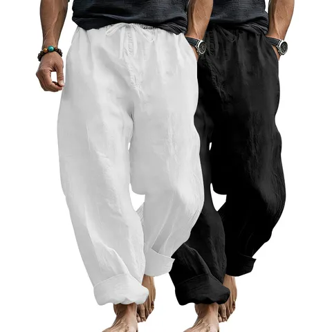 Men's Casual Linen Straight Leg Long Pants Two-Piece Set Loose Drawstring Beach Trousers