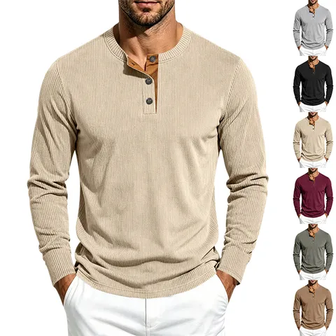 Men Vintage Corduroy Long Sleeve Henley Shirt Casual Contrast Placket Ribbed Texture Button Down Breathable Top For Autumn Winter
