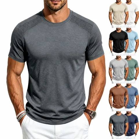 Men's Quick-Dry Breathable Short Sleeve T-Shirt Sports Fitness Outdoor Mesh Splicing Polyester Casual Round Neck Top