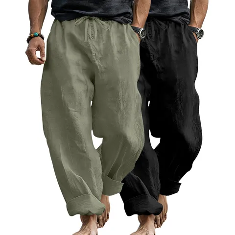Men's Casual Linen Straight Leg Long Pants Two-Piece Set Loose Drawstring Beach Trousers