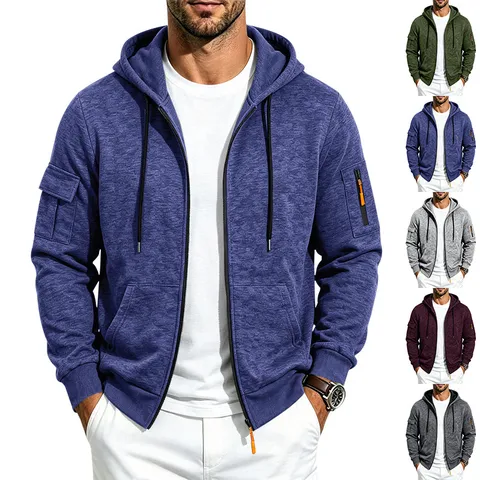 Men's Heavyweight Fleece Lined Hooded Sweatshirt Full Zip Multi-Pocket Casual Cargo Jacket Loose Fit Outerwear Top