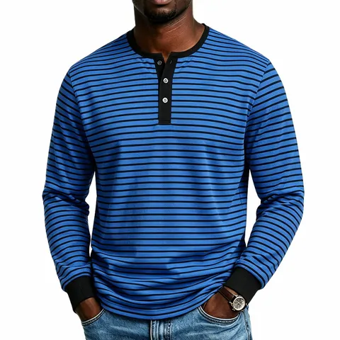 Camicia Henley da Uomo Casual a Righe a Manica Lunga Vintage Minimalista Poliestere Traspirante Pendolarismo Top da Uomo
