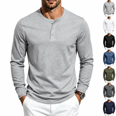 Heren Casual Lange Mouw Henley Shirt Polyester Gebreid Effen Kleur Slim Fit Base Layer Top Voor Herfst Dagelijks