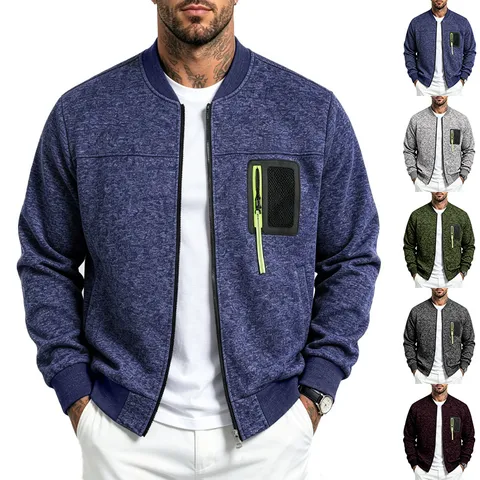 Men's Heavyweight Fleece Stand Collar Baseball Jacket Casual Loose Outdoor Zippered Knitted Outerwear Coat For Men Solid Color Warm Top