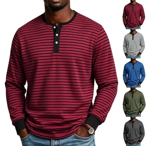 Camicia Henley da Uomo Casual a Righe a Manica Lunga Vintage Minimalista Poliestere Traspirante Pendolarismo Top da Uomo
