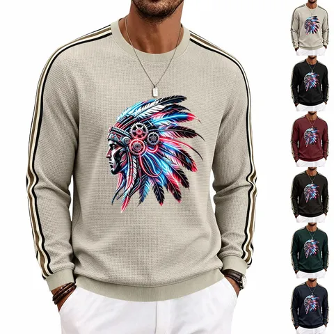 Men Casual Waffle Knit Long Sleeve Sweatshirt Native American Graphic Print Color Block Crew Neck Pullover Top
