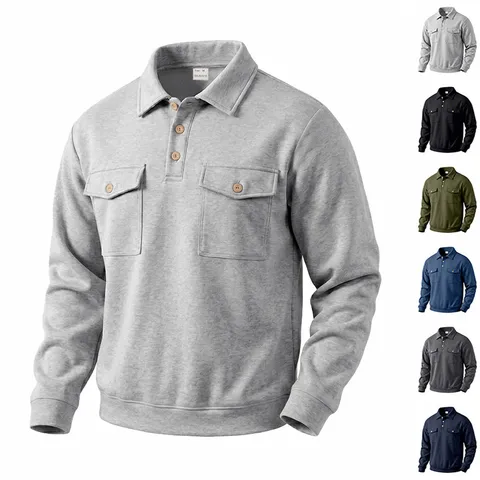 Polo de Manga Larga para Hombre Peso Pesado de Punto Casual al Aire Libre Holgado Estilo Ropa de Trabajo Con Bolsillos Dobles de Poliéster