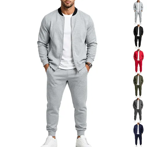 Men's Casual Tracksuit Set Baseball Collar Zipper Jacket Long Pants Outdoor Sportswear Soft Polyester Spandex Outfit