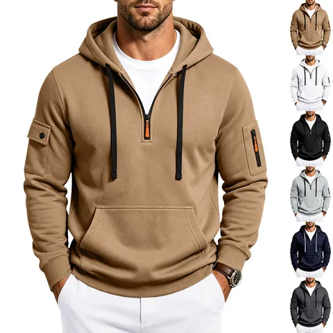 Herren Schwerer Fleece Hoodie Cargo Stil Halber Reißverschluss Pullover Sweatshirt Lockerer Schnitt Kapuzenjacke Lässiges Warmes Sportoberteil