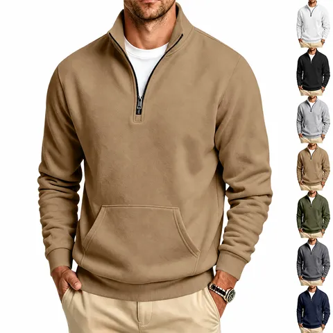 Men's Fleece Stand Collar 1/4 Zip Sweatshirt Loose Casual Solid Color Long Sleeve Top With Kangaroo Pocket Warm Winter Pullover