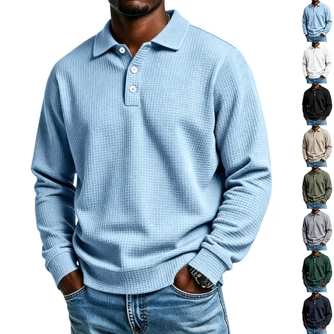 Men's Casual Long Sleeve Waffle Polo Shirt Polyester Button Lapel Solid Color Loose Fit Sports Polo Top For Men