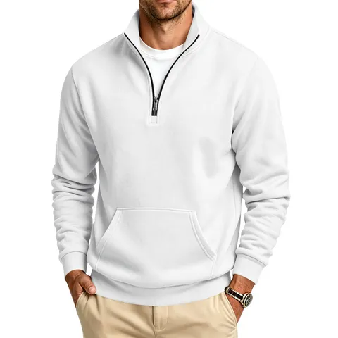 Men's Fleece Stand Collar 1/4 Zip Sweatshirt Loose Casual Solid Color Long Sleeve Top With Kangaroo Pocket Warm Winter Pullover