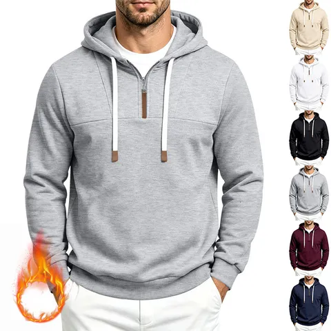 Herren Casual Fleece-Futter Halber Reißverschluss Hoodie Schweres Polyester Gestrickt Patchwork Lockerer Schnitt Kapuzenpullover Winter Top