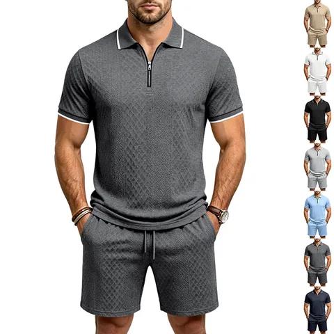 Men Summer Casual Jacquard Zipper POLO Short Sleeve Shorts Two Piece Set Loose Athletic Tracksuit Top And Bottom