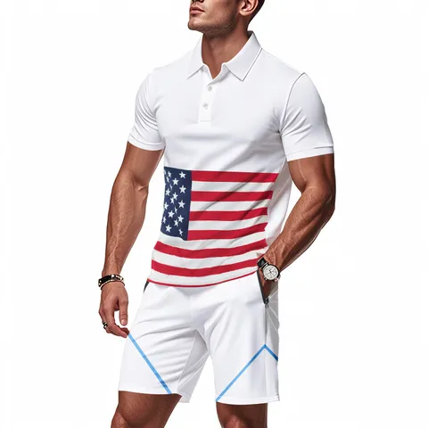 Ensemble Polo Manches Courtes et Shorts Casual pour Hommes Imprimé Drapeau Américain Été Soie Glacée Respirant Survêtement Sport