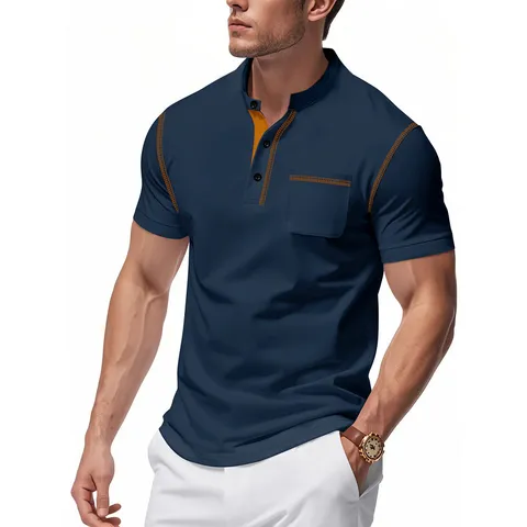 Men American Retro Henley Shirt Contrast Stitching Short Sleeve Polo Top Loose Casual Summer Men Clothing