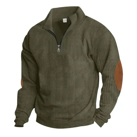 Men's Casual Stand Collar Long Sleeve Corduroy Sweatshirt Fall Loose Fit Pullover Top With Elbow Patches
