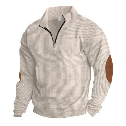 Men's Casual Stand Collar Long Sleeve Corduroy Sweatshirt Fall Loose Fit Pullover Top With Elbow Patches