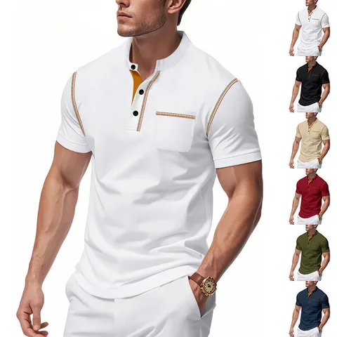 Men American Retro Henley Shirt Contrast Stitching Short Sleeve Polo Top Loose Casual Summer Men Clothing