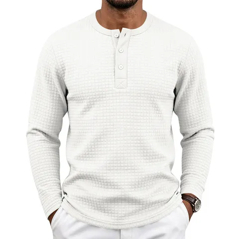 Men's Vintage Jacquard Henley Long Sleeve T-Shirt Casual Loose Fit Breathable Polyester Pullover Top For Outdoor Daily Wear